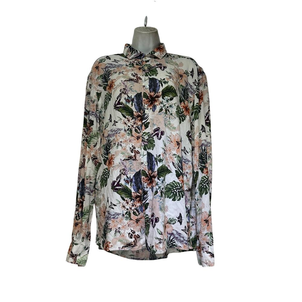 romeo gigli butterfly flower long sleeve collared shirt blouse Size XL